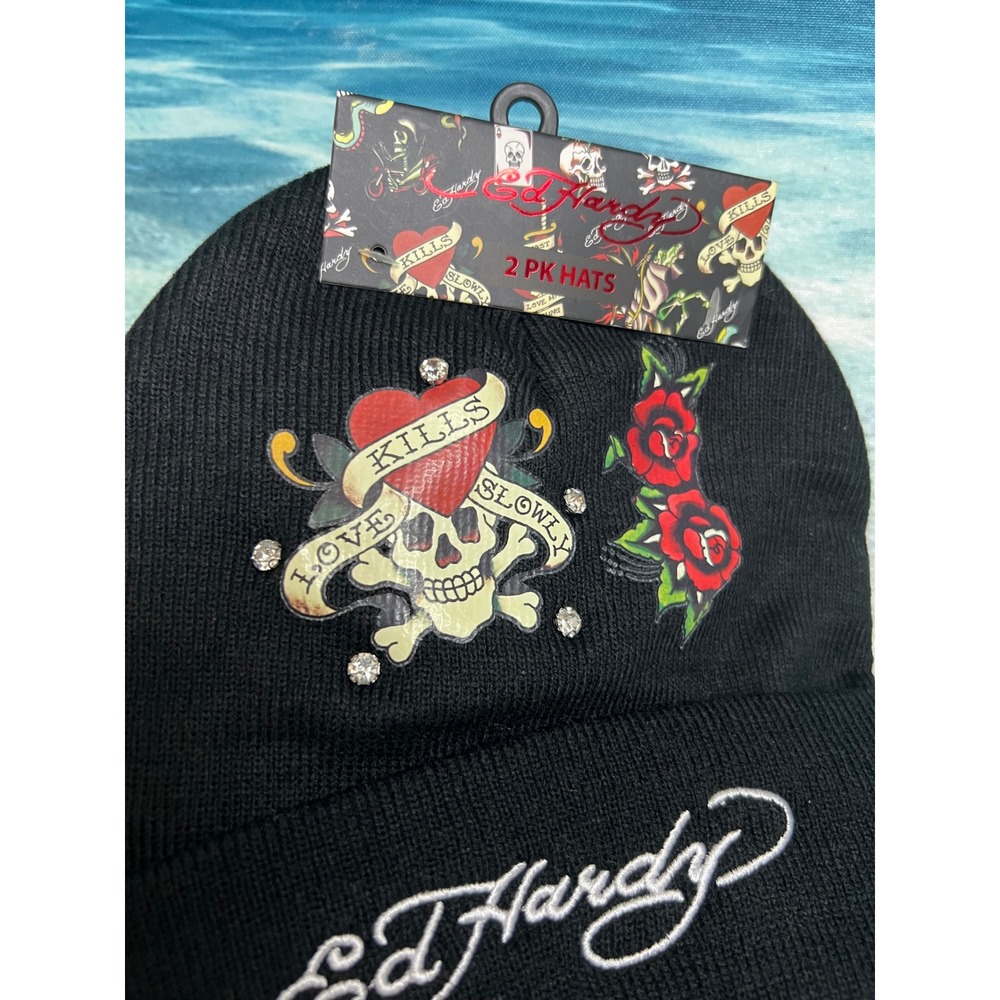 🎁Ed Hardy 2 Pack Beanies Black Pink Love Kills Slowly Rhinestone Hats - Picture 3 of 8